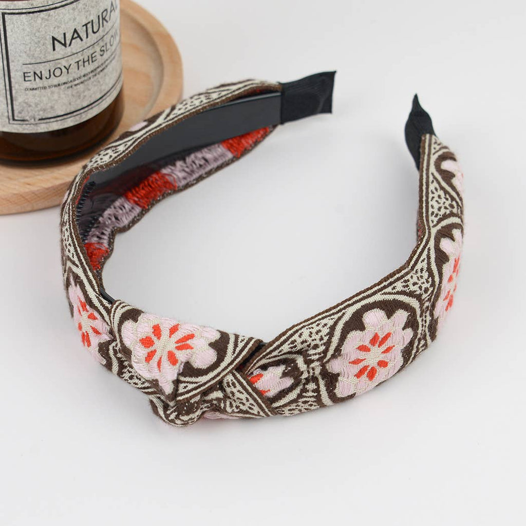 Top Knot Embroidered Floral Headband