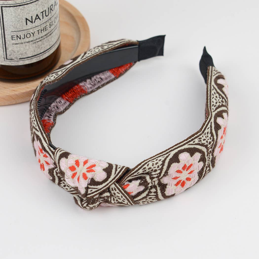 Top Knot Embroidered Floral Headband