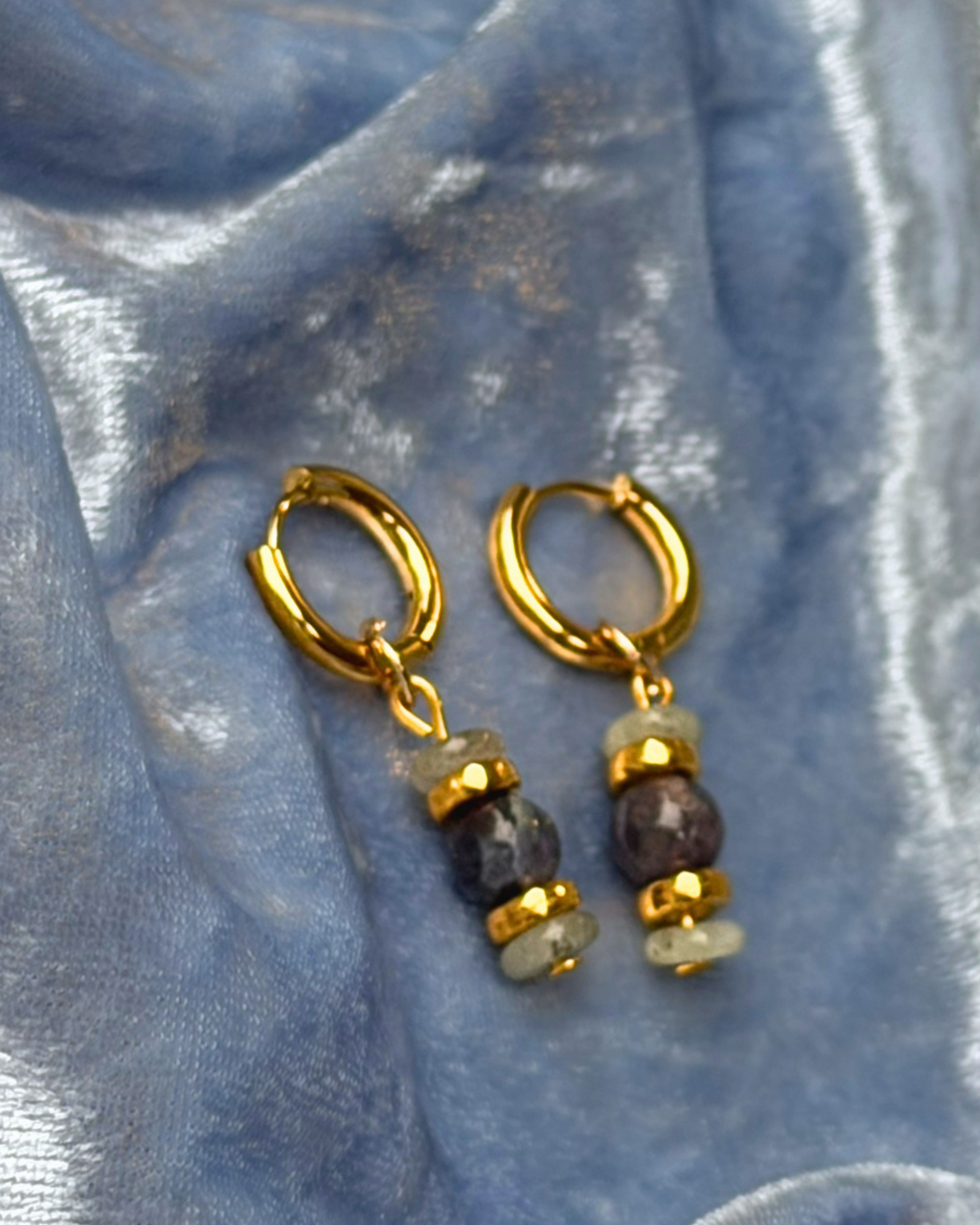 Iolite and Spectrolite 14mm Hoop Earrings - Gold