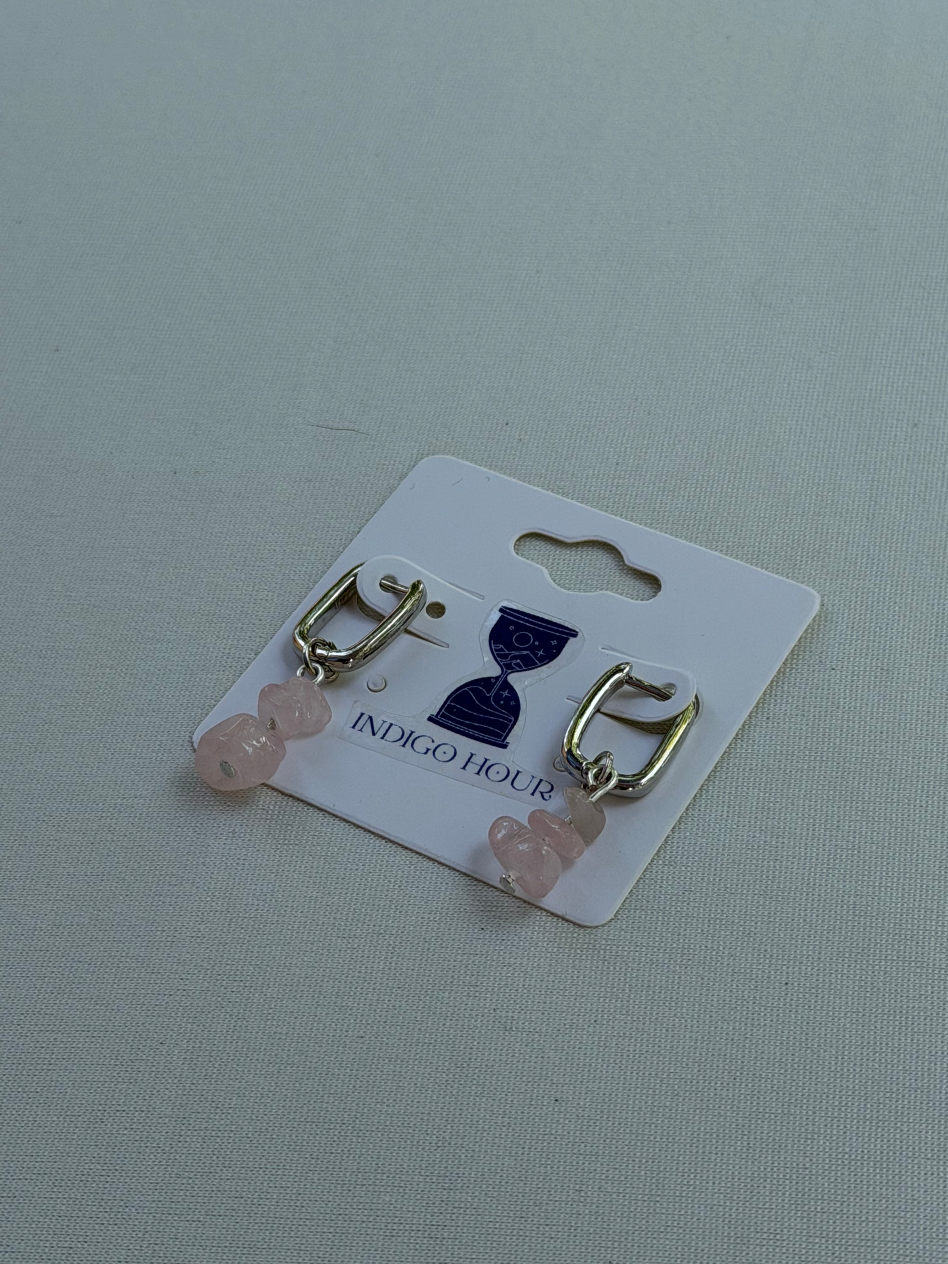 Silver Rose Quartz Charm Square Hoops