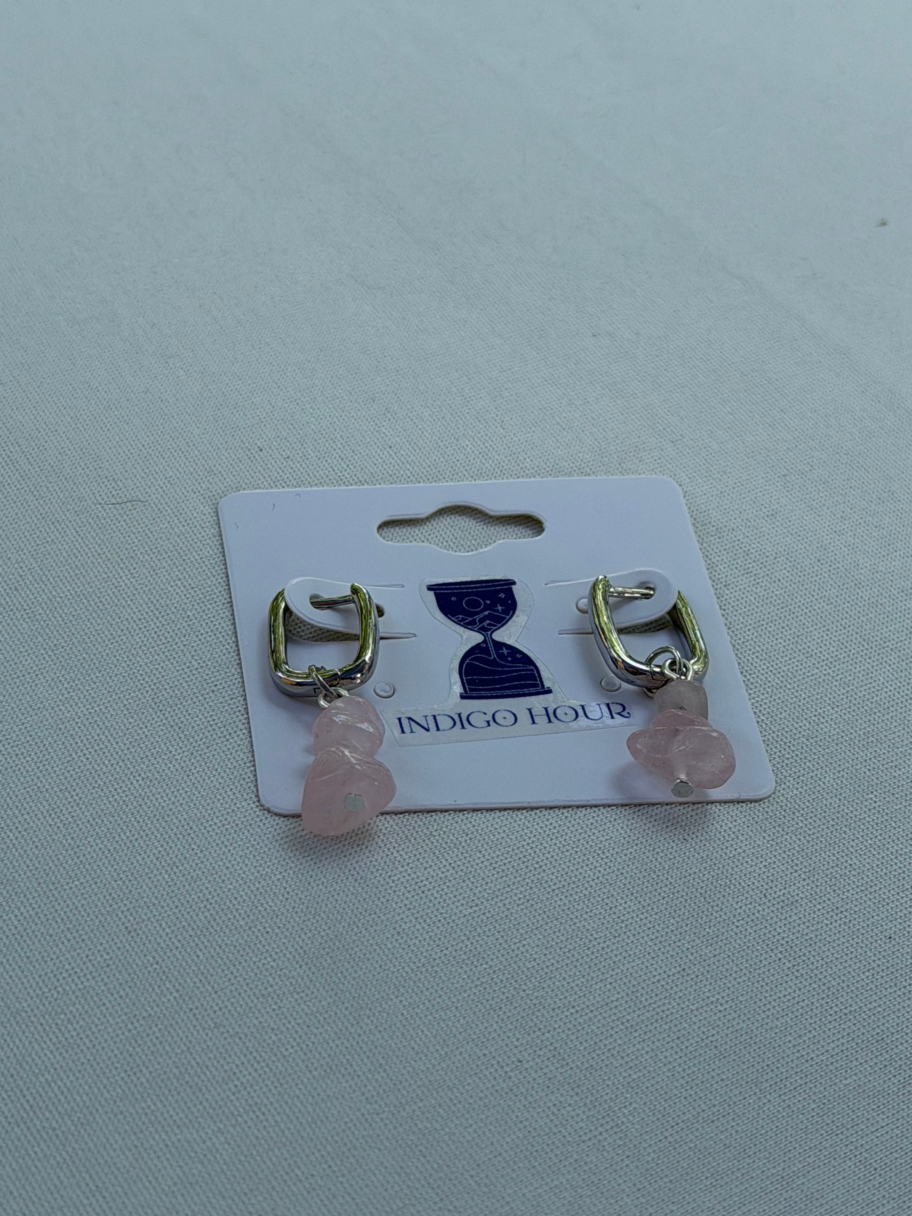Silver Rose Quartz Charm Square Hoops