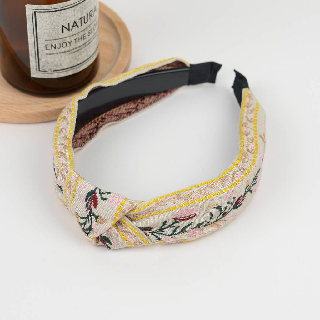 Top Knot Embroidered Floral Headband