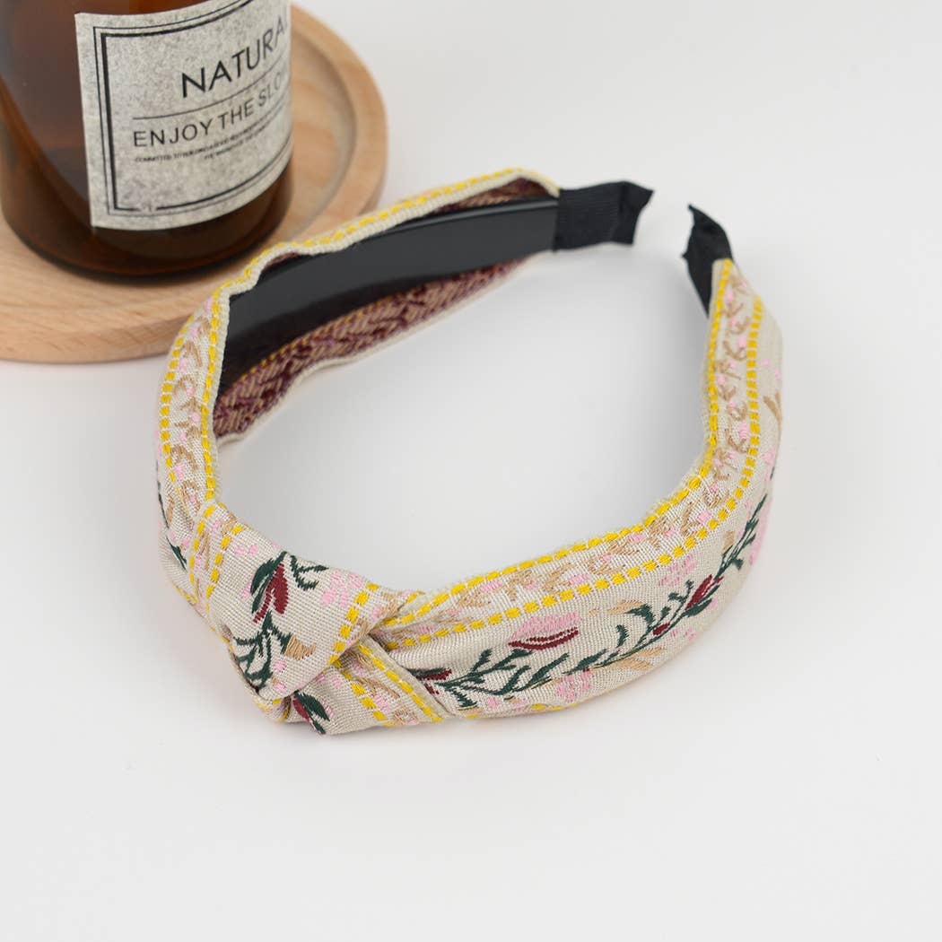 Top Knot Embroidered Floral Headband