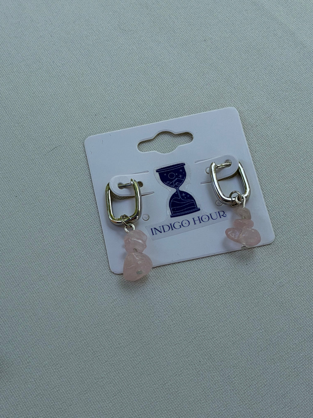Silver Rose Quartz Charm Square Hoops