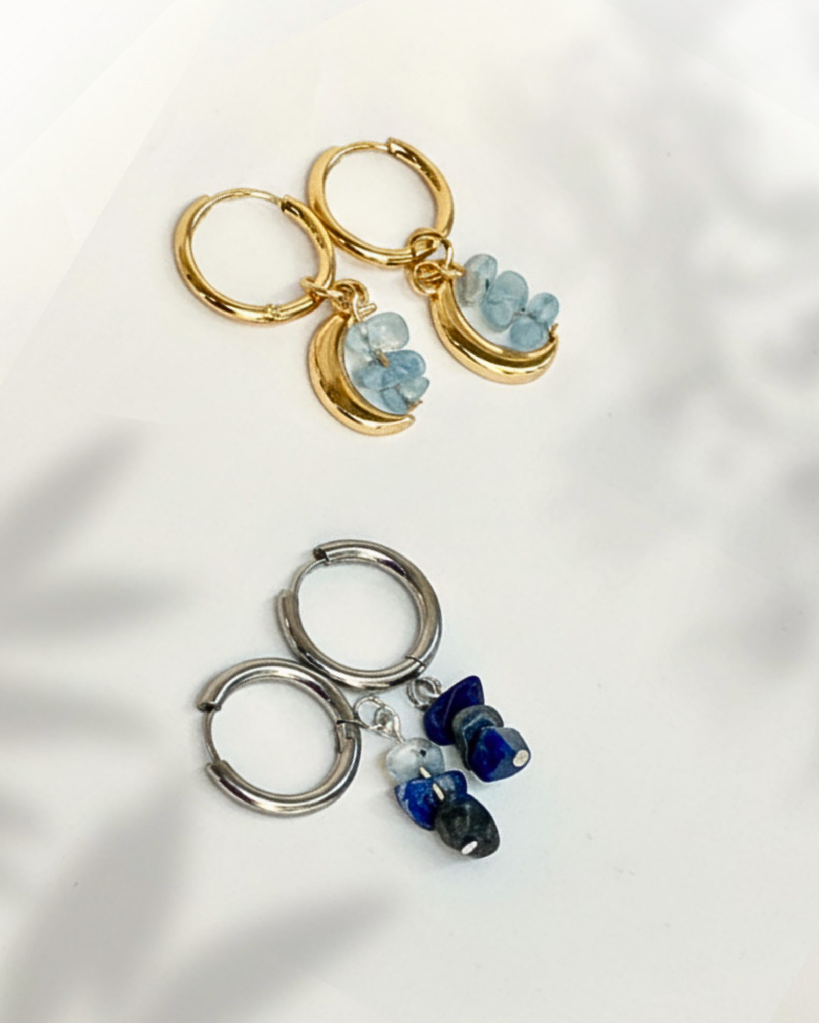Gold 20mm Hoops with Moon Aquamarine Charm 20mm