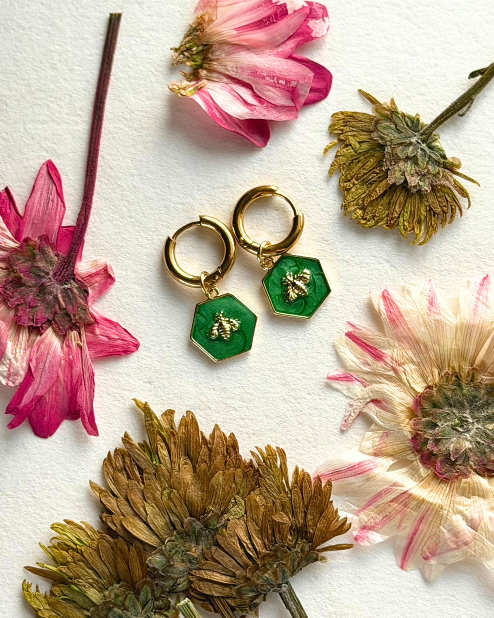 Golden Hoops with Green Bee Charm