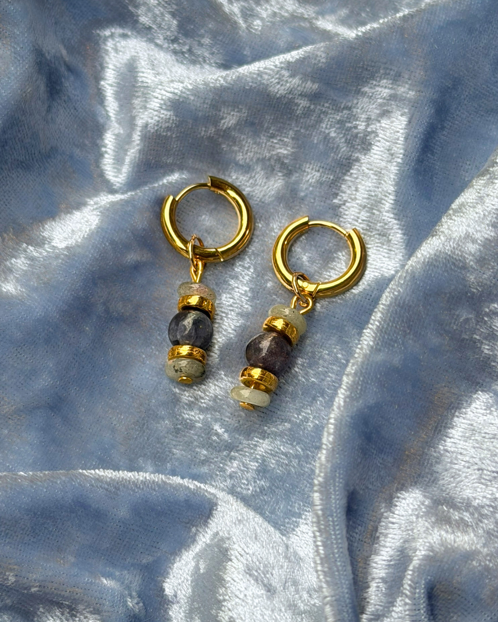 Iolite and Spectrolite 14mm Hoop Earrings - Gold
