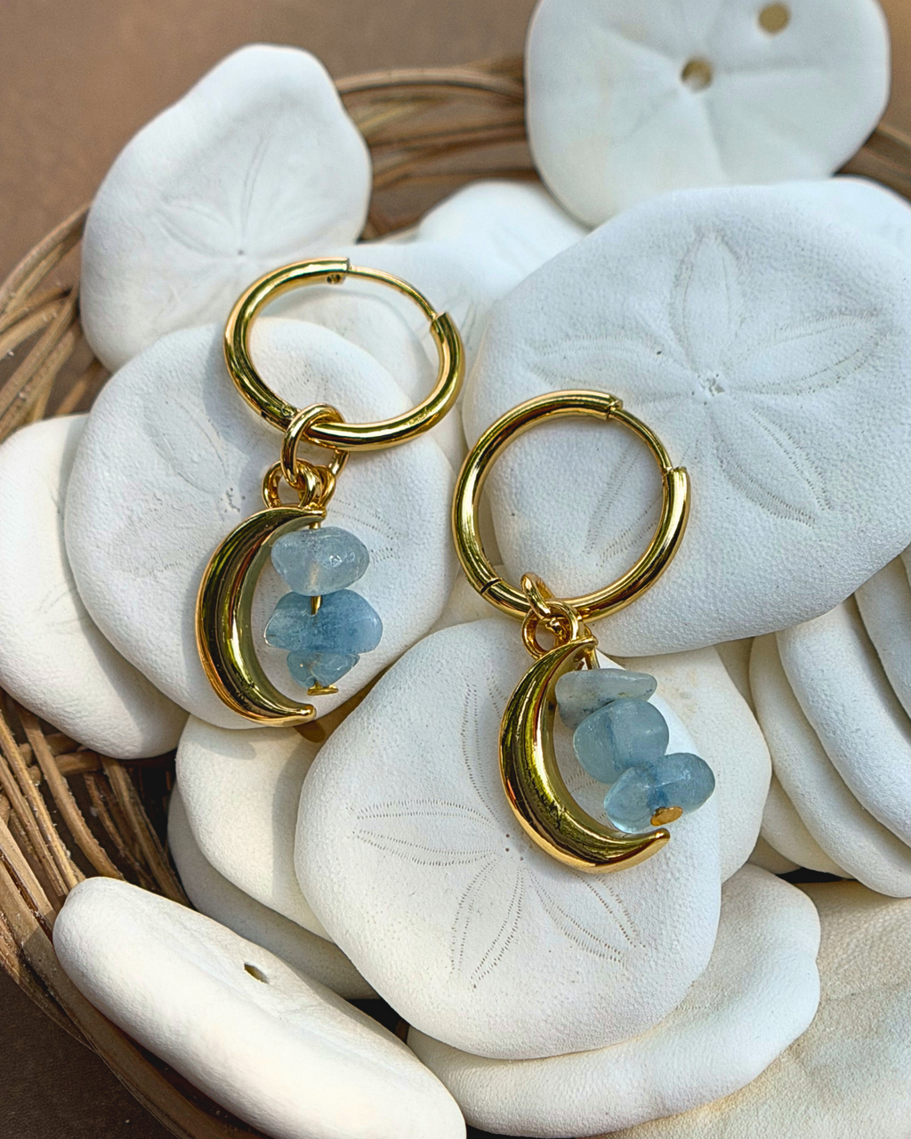 Gold 20mm Hoops with Moon Aquamarine Charm 20mm